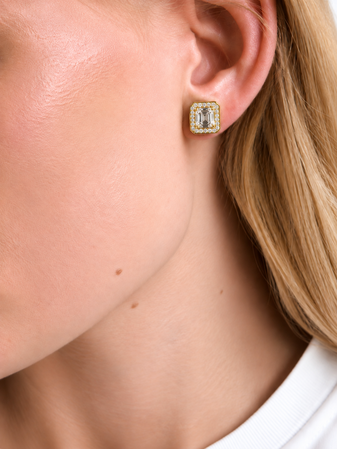 Gold Finish Asscher-Cut Halo Stud Earrings