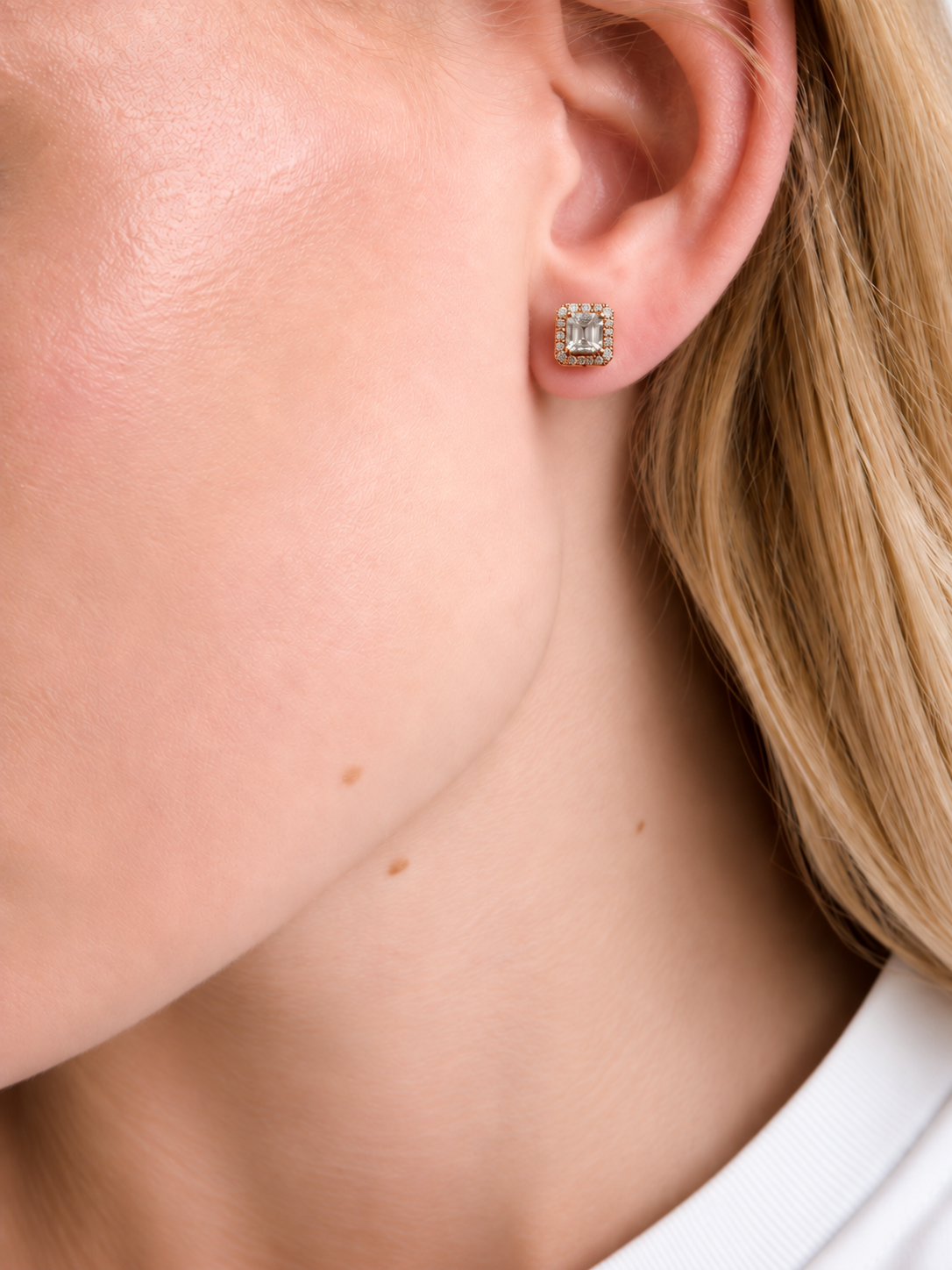Rose Gold Finish Asscher-cut Halo Stud Earrings