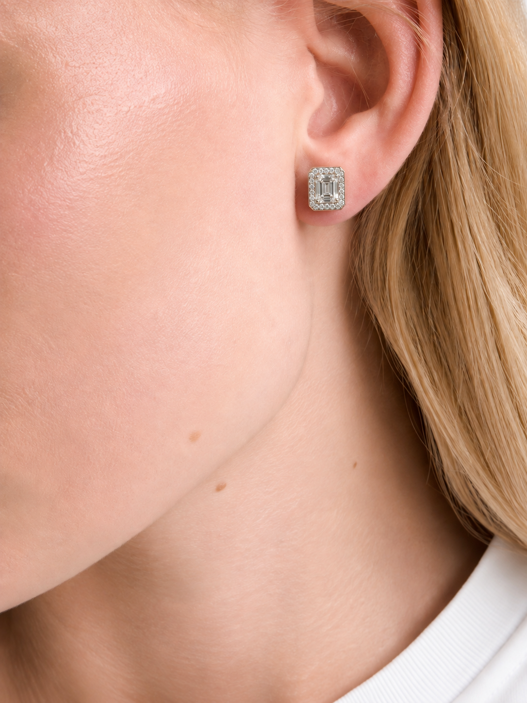 Sterling Silver Emerald-Cut Halo Stud Earrings