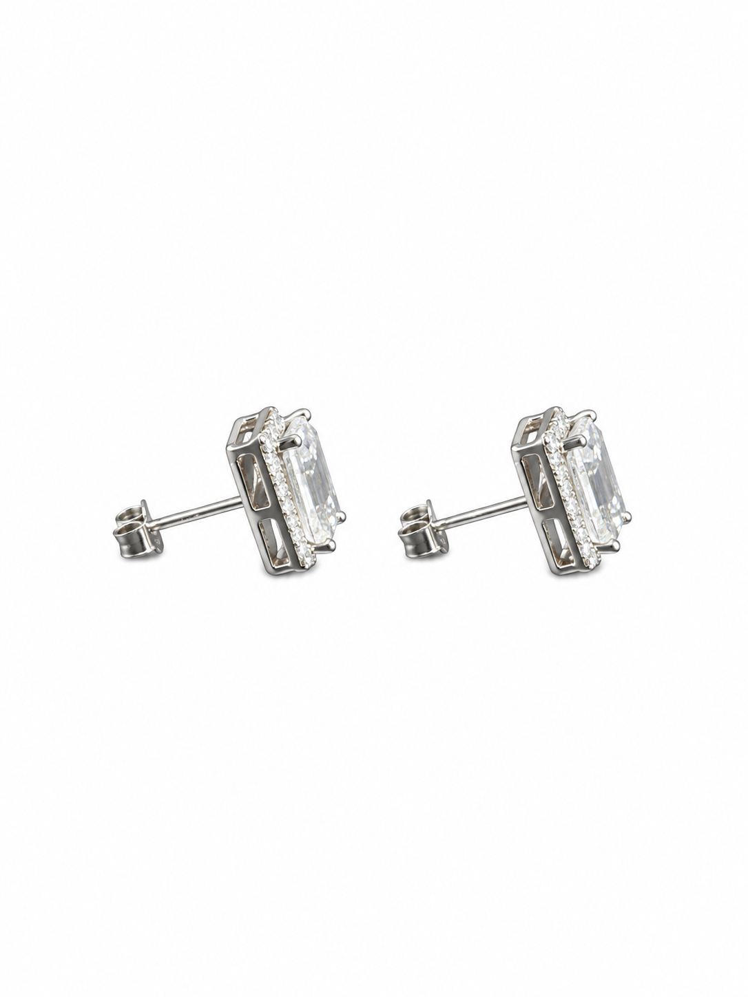 Sterling Silver Emerald-Cut Halo Stud Earrings
