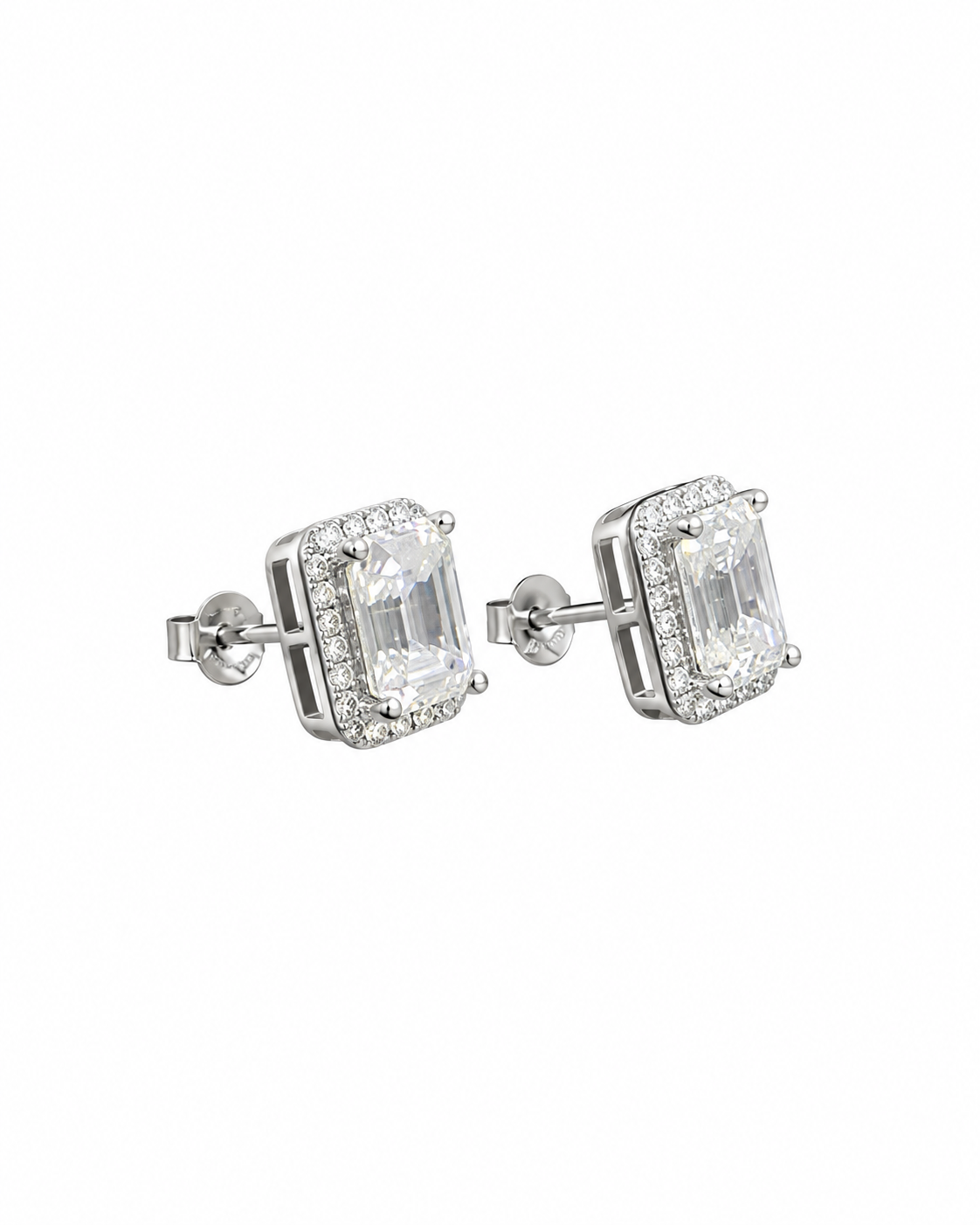 Sterling Silver Emerald-Cut Halo Stud Earrings