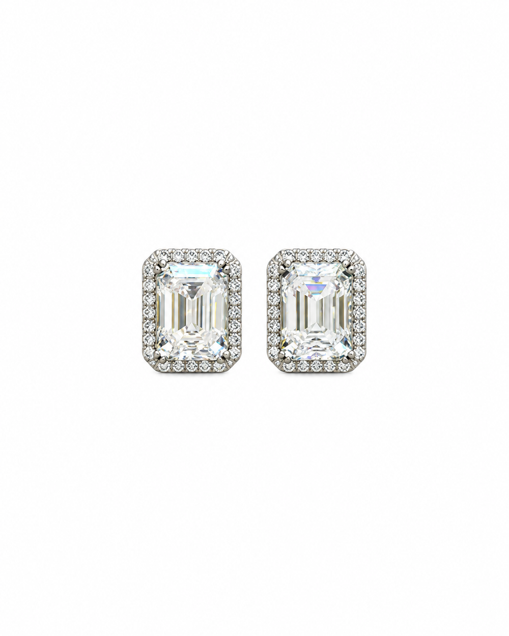 Sterling Silver Emerald-Cut Halo Stud Earrings