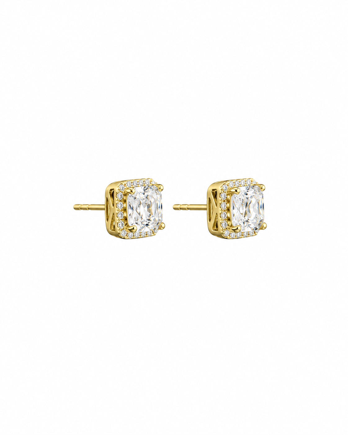 Gold Finish Asscher-Cut Halo Stud Earrings