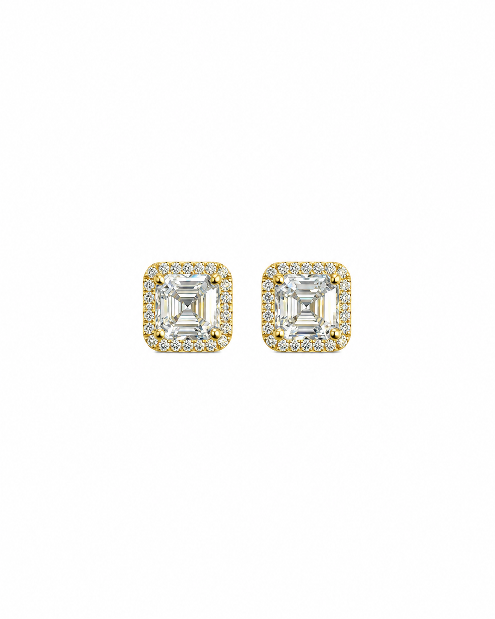 Gold Finish Asscher-Cut Halo Stud Earrings
