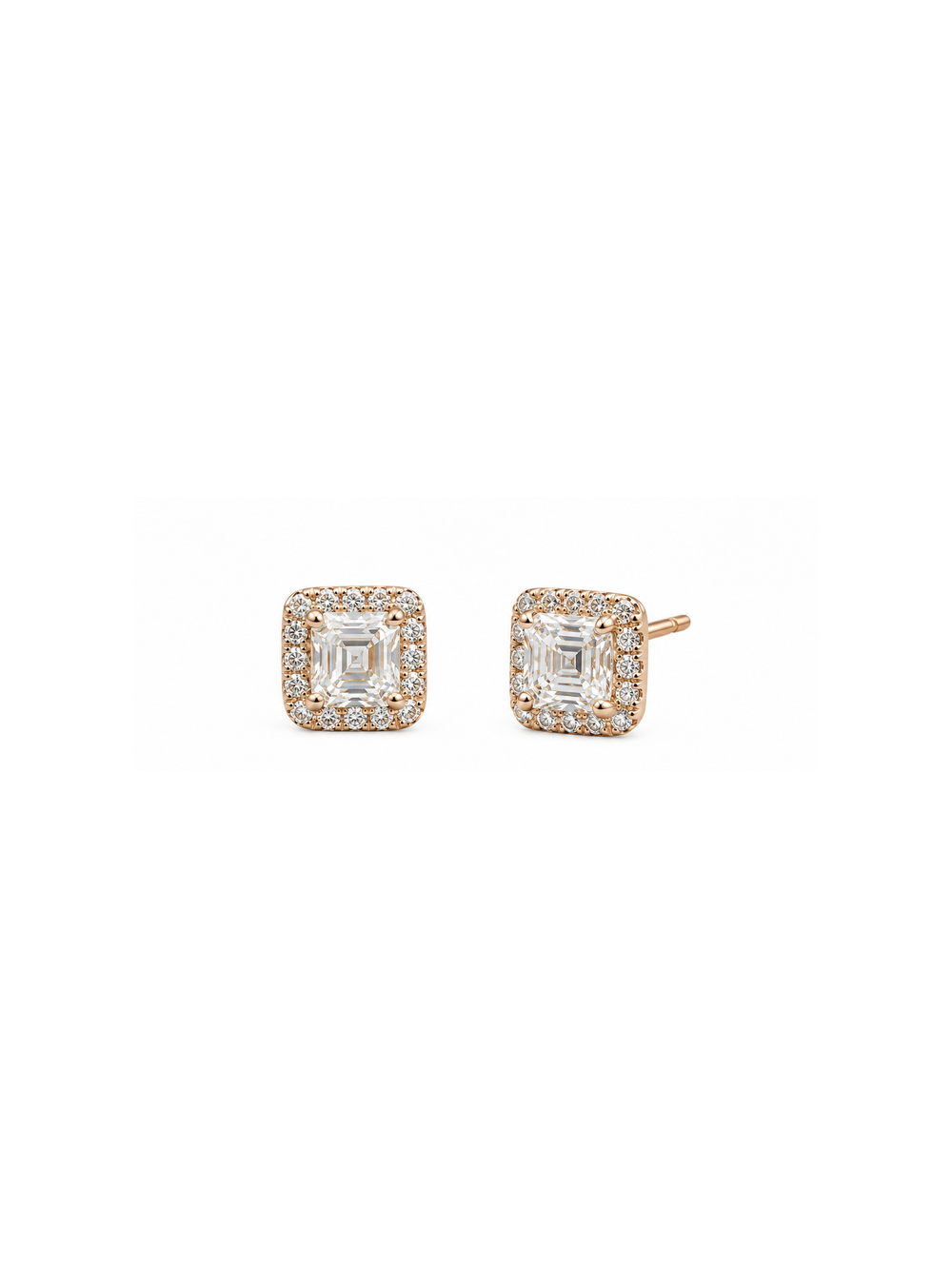 Rose Gold Finish Asscher-cut Halo Stud Earrings
