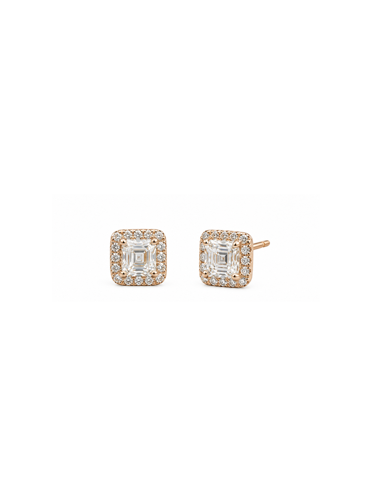 Rose Gold Finish Asscher-cut Halo Stud Earrings